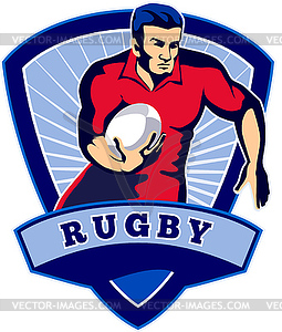 Rugby player running ball front shield - vector image