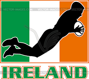 Rugby playing diving try ireland flag - vector clip art