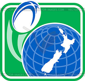 Регби мяч, летящий земного шара с Новой Зеландией карте - иллюстрация в векторном формате