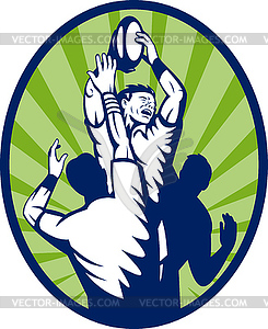 Rugby player catching ball in lineout throw - vector clipart