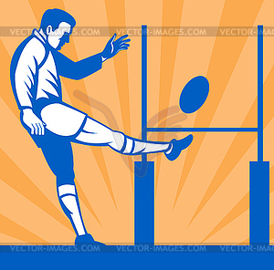 Rugby player kicking ball at goal post - vector clip art