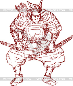 Samurai warrior with sword in fighting stance - vector clip art