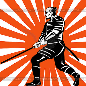 Samurai warrior with sword in fighting stance - vector image