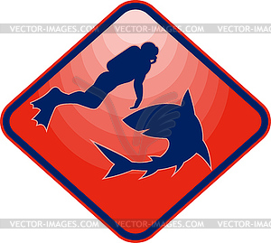 Scared аквалангист и нападения акулы - стоковое векторное изображение