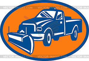 Snow plow pick-up truck inside oval - vector image