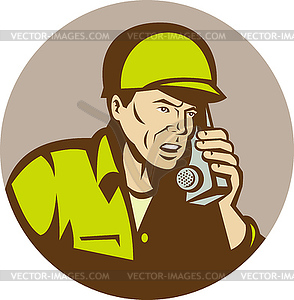 World War two american Soldier talking on radio - vector image