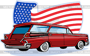 1950`s styled station wagon with american flag - vector image