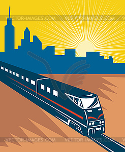 Speeding passenger train city skyline - vector clipart