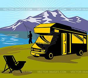 Fly fisherman fishing mountains camper van - vector image