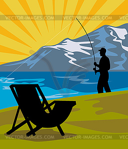 Fly рыбак рыбалка озеро горы стул - стоковый векторный клипарт