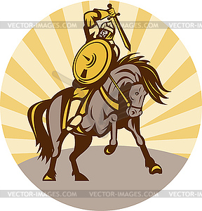 Warrior with shield and sword on horse - vector clipart