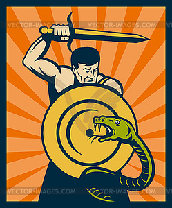 Warrior with sword and shield striking snake or - vector image