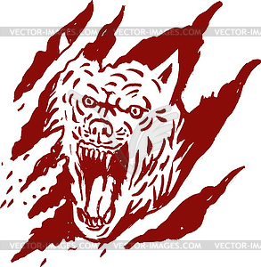 Angry wolf inside paw tear scratch marks - vector clip art