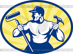 Carpenter painter with paint roller and hammer - color vector clipart
