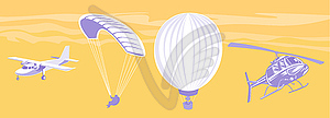 Airplane parachute hot air balloon helicopter - vector clip art