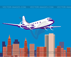 Propeller airplane taking off with buildings - vector clipart