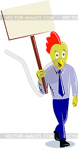 Rooster chicken office worker protesting placard - vector image