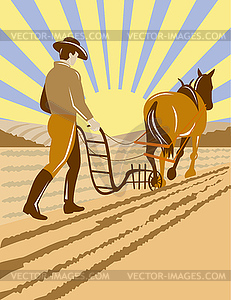 Фермером и лошади вспашка фермы - векторное изображение клипарта