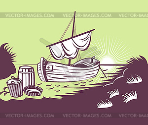 Рыбацкий катер в море - иллюстрация в векторном формате
