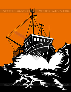 Fishing boat at sea - color vector clipart