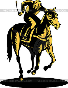 Horse and jockey racing woodcut - vector clip art