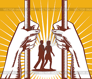 Hand Looking Couple Prison Prisoner Retro - vector clip art