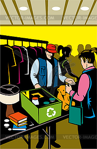 Female shopper shopping at indoor flea market - vector clipart