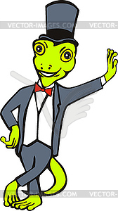 Cartoon gecko with top hat bow tie tuxedo standing - vector clip art