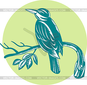 Kingfisher Perching On Branch Woodcut - vector image