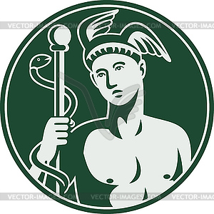 Greek God Hermes holding caduceus - vector image