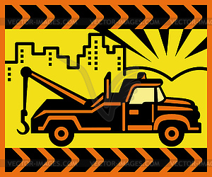 Vintage Tow truck with buildings and mountains - vector clip art