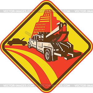 Tow truck car breakdown on road with building - vector clip art