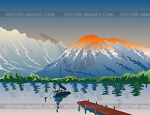 Sailboat Jetty Mountains Retro - vector clipart / vector image