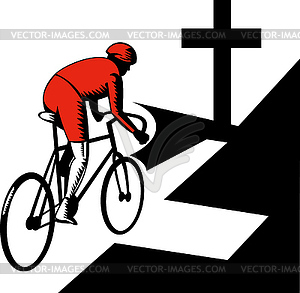 Cyclist racing on bicycle with cross on road - vector image