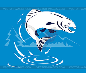 Trout fish jumping with mountains - vector clipart