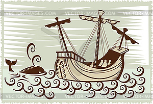 Galleon sailing ship at sea with whale - vector EPS clipart