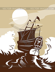 Galleon sailing ship at sea - vector clipart