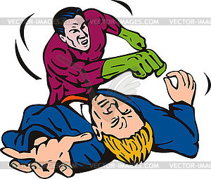 Cartoon super hero running punching - vector clip art
