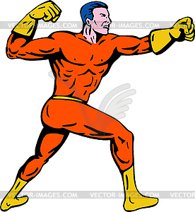 Cartoon super hero running punching - vector image