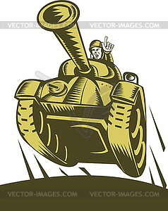 Battle tank flying with soldier pointing forward - vector clipart