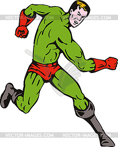 Cartoon super hero running punching - vector clip art