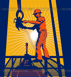 Worker on oil rig sealing well - color vector clipart