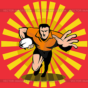 Rugby player running fending attacking with ball - vector clip art