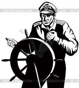 Fisherman Sea Captain At Helm Retro - vector image