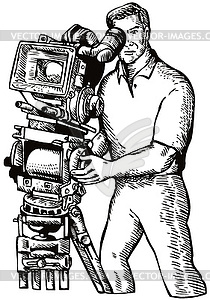 Cameraman Movie Director Filming Vintage Camera - vector image