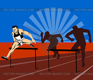 Track and field athlete jumping hurdle - stock vector clipart