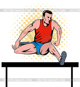 Track and field athlete jumping hurdle - vector clipart