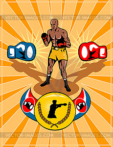 Boxer posing with gloves and championship belt - vector image