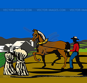 Farmer and horse plowing field - royalty-free vector clipart