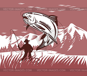 Fly fisherman catching jumping trout - vector clipart